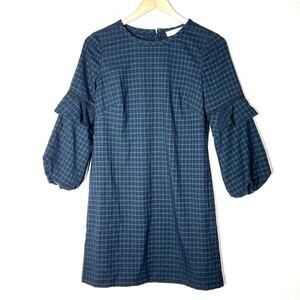 NWT Loft blue and green plaid long sleeve casual shift dress 4 petite 4P B121